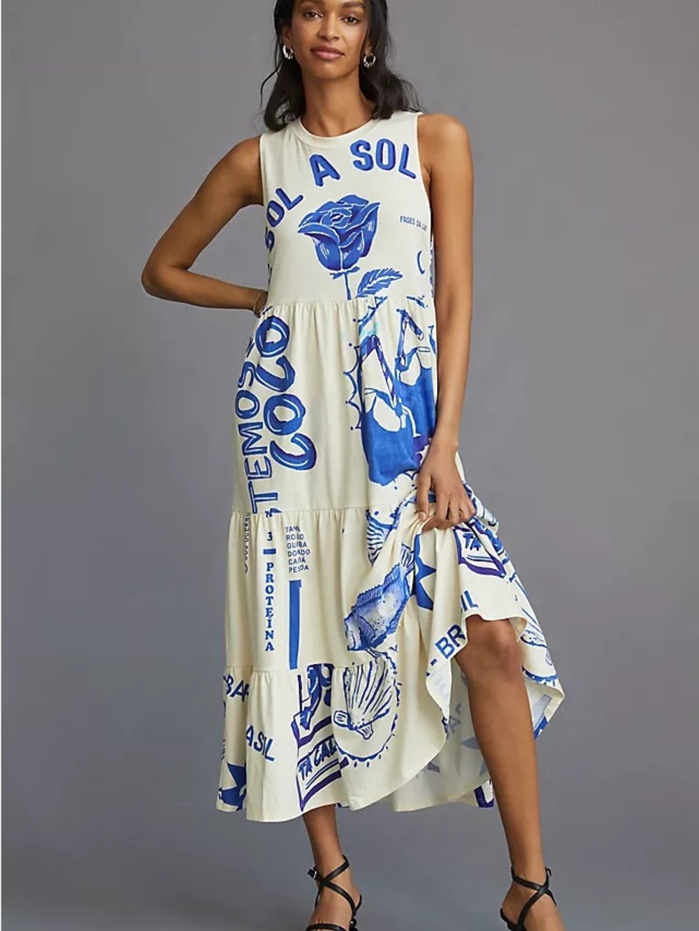 FARM Rio Cream Midi Dress with Bold Blue Graphic Print